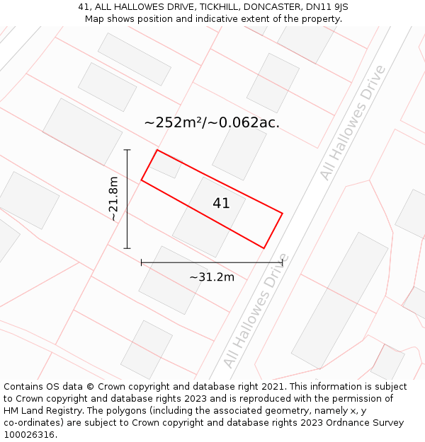 41, ALL HALLOWES DRIVE, TICKHILL, DONCASTER, DN11 9JS: Plot and title map