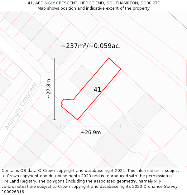 41, ARDINGLY CRESCENT, HEDGE END, SOUTHAMPTON, SO30 2TE: Plot and title map