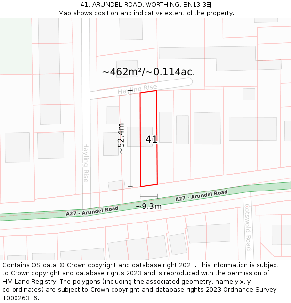 41, ARUNDEL ROAD, WORTHING, BN13 3EJ: Plot and title map