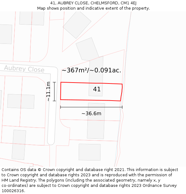 41, AUBREY CLOSE, CHELMSFORD, CM1 4EJ: Plot and title map