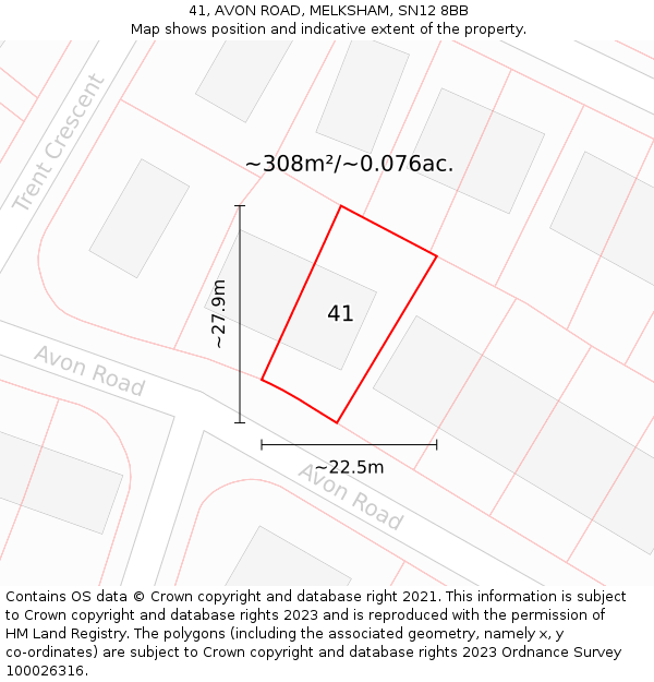 41, AVON ROAD, MELKSHAM, SN12 8BB: Plot and title map