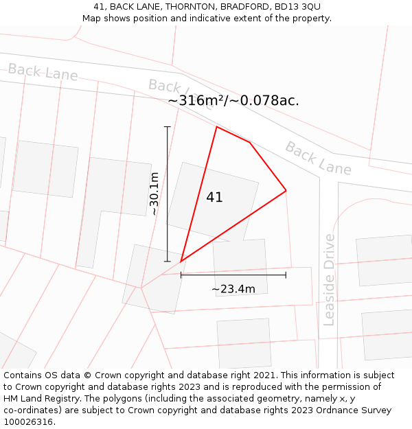 41, BACK LANE, THORNTON, BRADFORD, BD13 3QU: Plot and title map