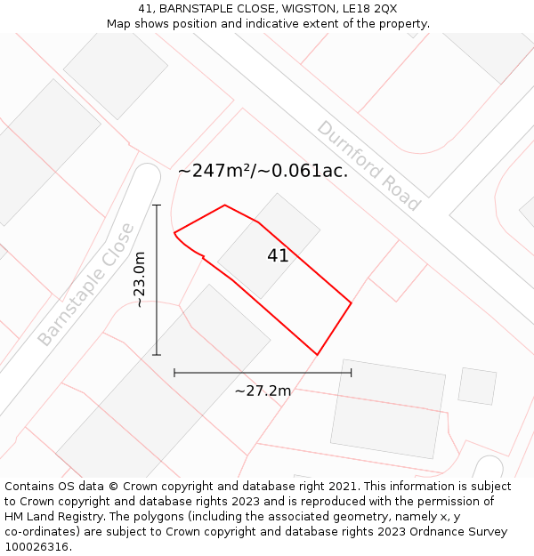 41, BARNSTAPLE CLOSE, WIGSTON, LE18 2QX: Plot and title map