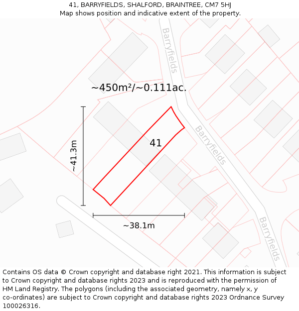 41, BARRYFIELDS, SHALFORD, BRAINTREE, CM7 5HJ: Plot and title map