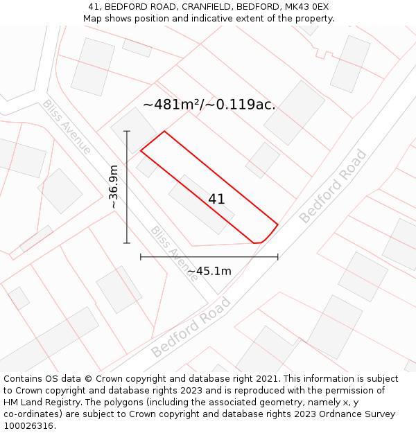 41, BEDFORD ROAD, CRANFIELD, BEDFORD, MK43 0EX: Plot and title map