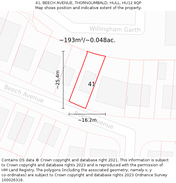 41, BEECH AVENUE, THORNGUMBALD, HULL, HU12 9QP: Plot and title map