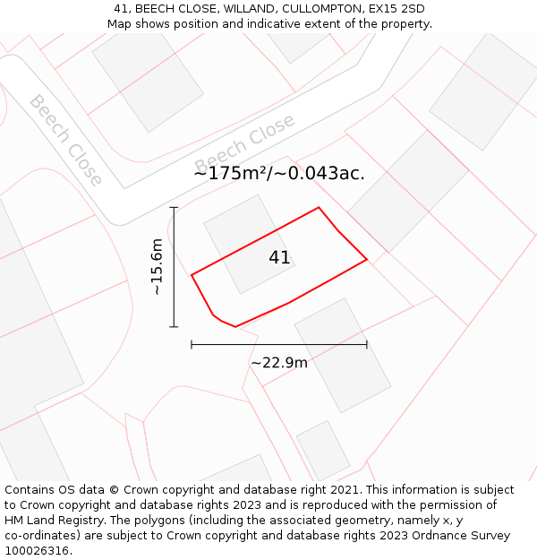 41, BEECH CLOSE, WILLAND, CULLOMPTON, EX15 2SD: Plot and title map