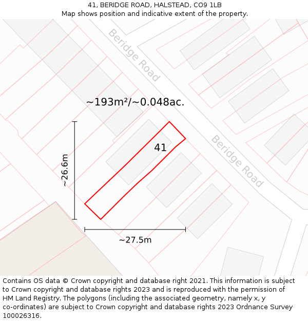 41, BERIDGE ROAD, HALSTEAD, CO9 1LB: Plot and title map