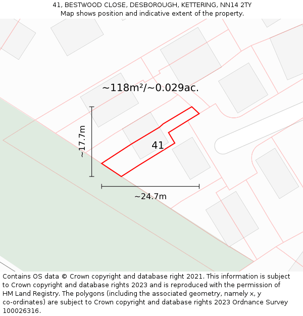 41, BESTWOOD CLOSE, DESBOROUGH, KETTERING, NN14 2TY: Plot and title map
