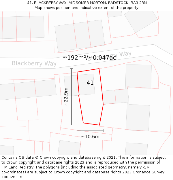 41, BLACKBERRY WAY, MIDSOMER NORTON, RADSTOCK, BA3 2RN: Plot and title map