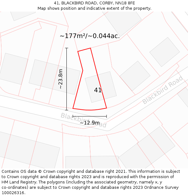 41, BLACKBIRD ROAD, CORBY, NN18 8FE: Plot and title map