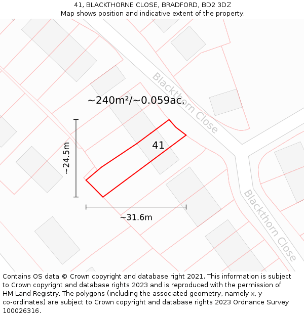 41, BLACKTHORNE CLOSE, BRADFORD, BD2 3DZ: Plot and title map