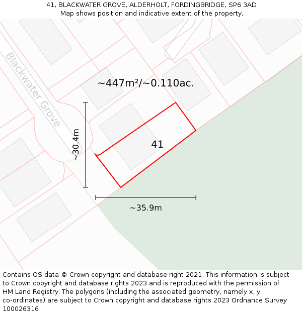 41, BLACKWATER GROVE, ALDERHOLT, FORDINGBRIDGE, SP6 3AD: Plot and title map