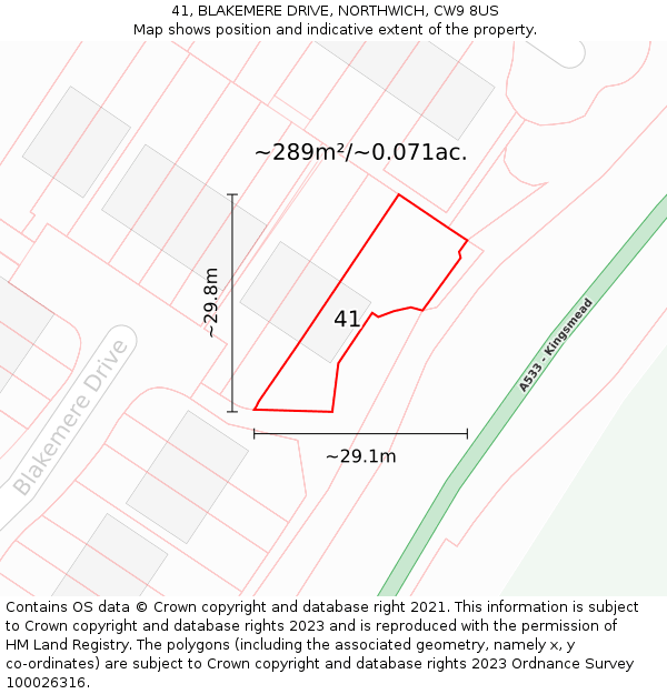 41, BLAKEMERE DRIVE, NORTHWICH, CW9 8US: Plot and title map