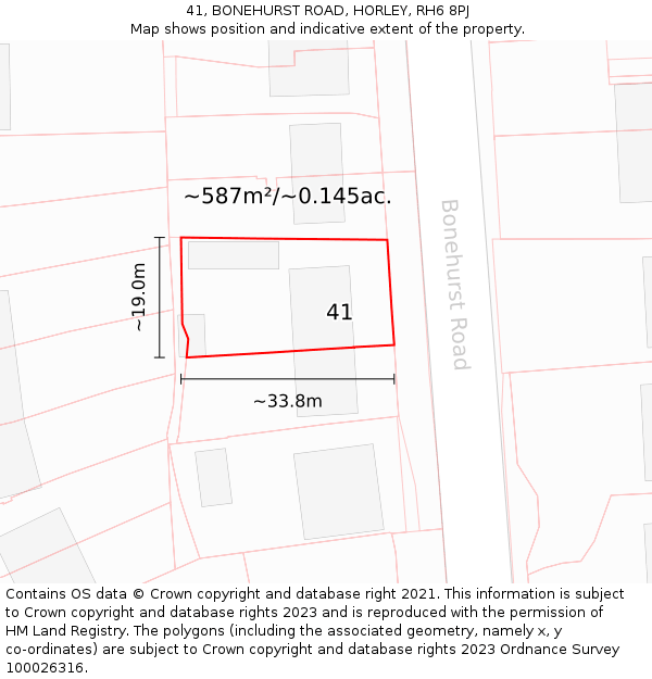 41, BONEHURST ROAD, HORLEY, RH6 8PJ: Plot and title map