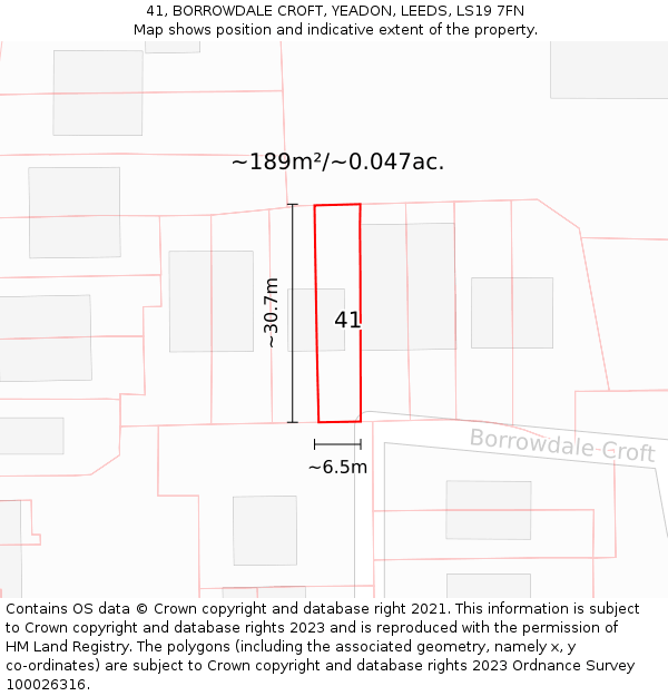 41, BORROWDALE CROFT, YEADON, LEEDS, LS19 7FN: Plot and title map