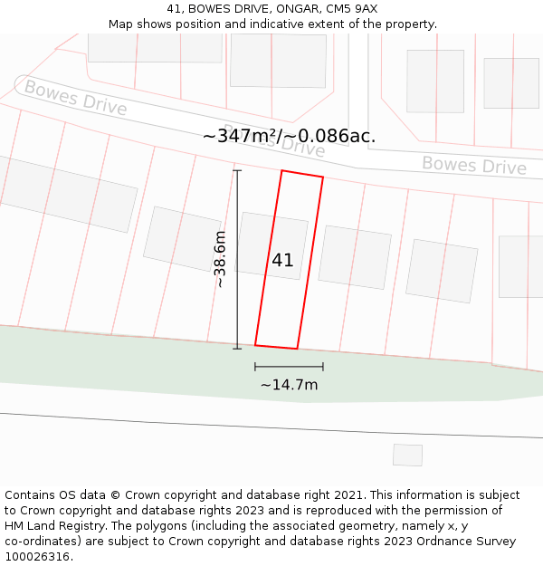 41, BOWES DRIVE, ONGAR, CM5 9AX: Plot and title map