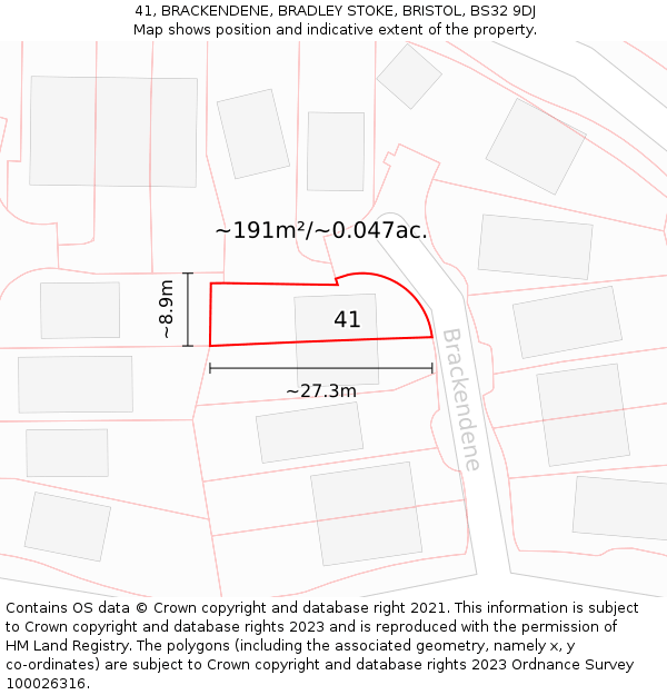 41, BRACKENDENE, BRADLEY STOKE, BRISTOL, BS32 9DJ: Plot and title map