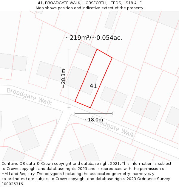 41, BROADGATE WALK, HORSFORTH, LEEDS, LS18 4HF: Plot and title map