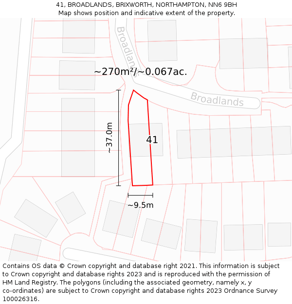 41, BROADLANDS, BRIXWORTH, NORTHAMPTON, NN6 9BH: Plot and title map