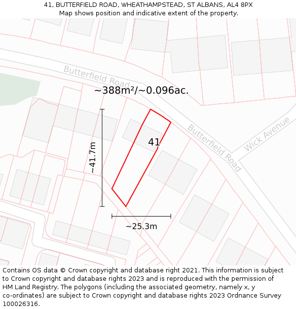 41, BUTTERFIELD ROAD, WHEATHAMPSTEAD, ST ALBANS, AL4 8PX: Plot and title map