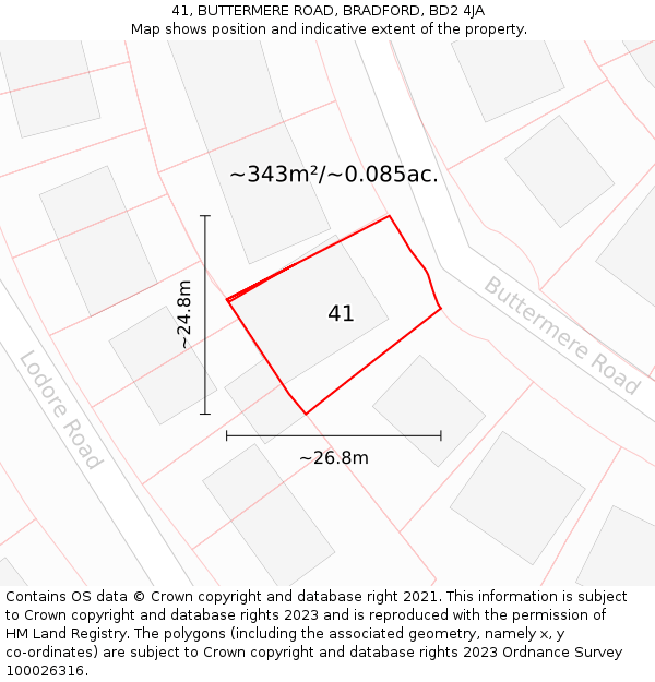 41, BUTTERMERE ROAD, BRADFORD, BD2 4JA: Plot and title map