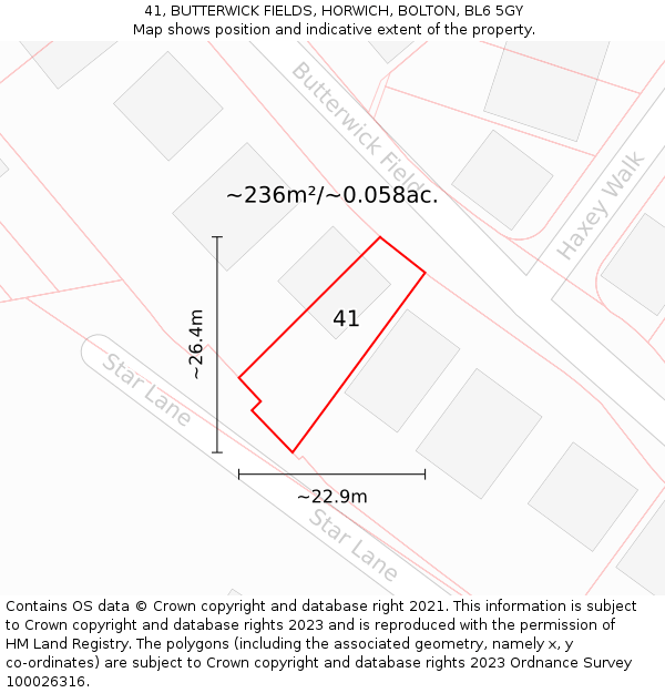 41, BUTTERWICK FIELDS, HORWICH, BOLTON, BL6 5GY: Plot and title map