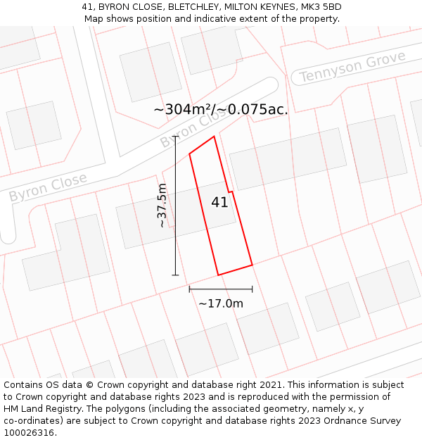 41, BYRON CLOSE, BLETCHLEY, MILTON KEYNES, MK3 5BD: Plot and title map