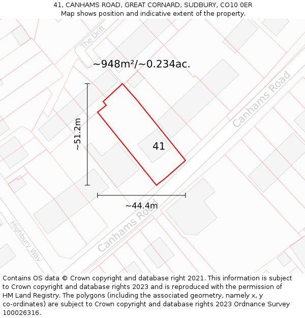 41, CANHAMS ROAD, GREAT CORNARD, SUDBURY, CO10 0ER: Plot and title map