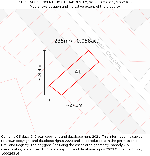 41, CEDAR CRESCENT, NORTH BADDESLEY, SOUTHAMPTON, SO52 9FU: Plot and title map
