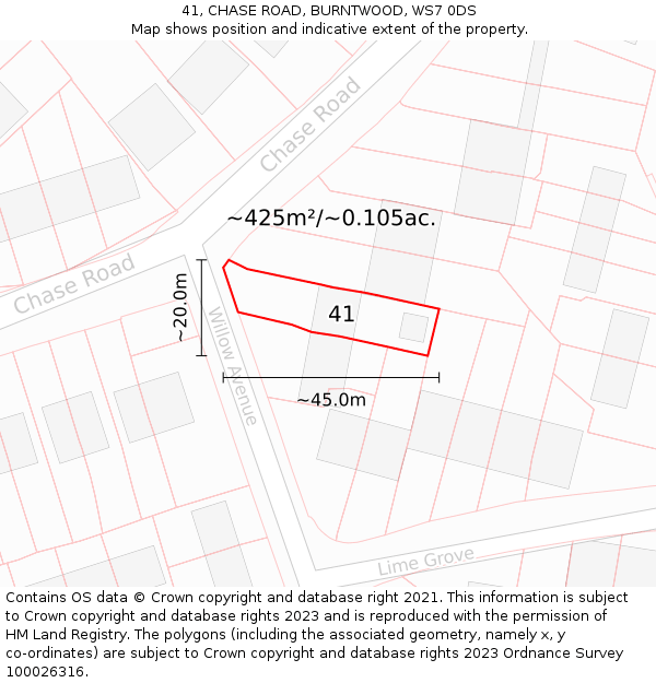 41, CHASE ROAD, BURNTWOOD, WS7 0DS: Plot and title map