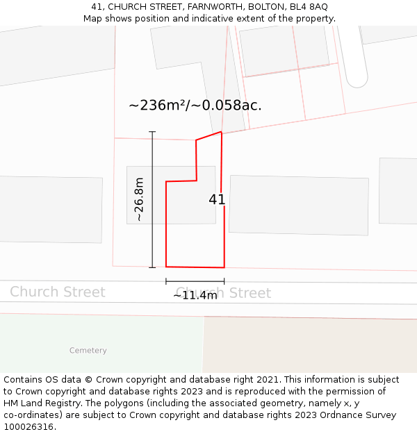 41, CHURCH STREET, FARNWORTH, BOLTON, BL4 8AQ: Plot and title map
