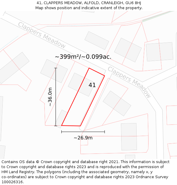 41, CLAPPERS MEADOW, ALFOLD, CRANLEIGH, GU6 8HJ: Plot and title map