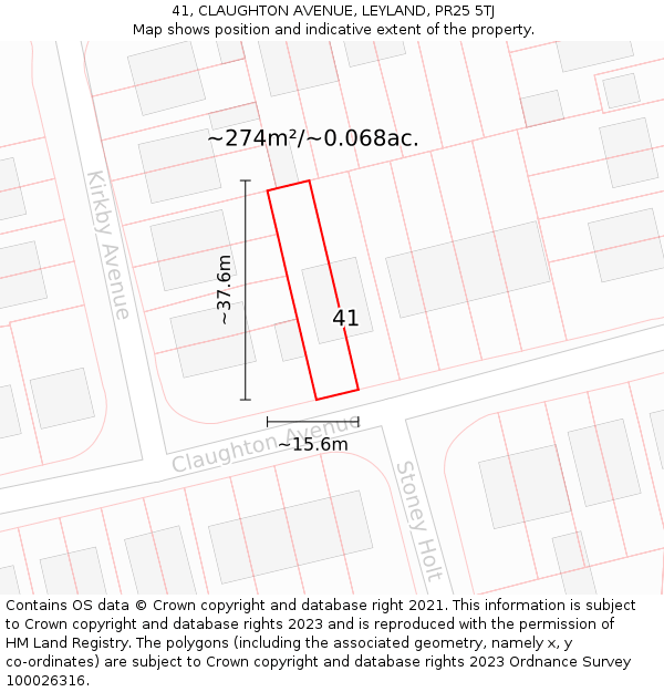41, CLAUGHTON AVENUE, LEYLAND, PR25 5TJ: Plot and title map