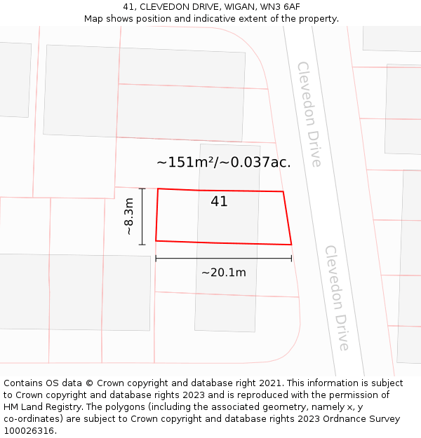 41, CLEVEDON DRIVE, WIGAN, WN3 6AF: Plot and title map