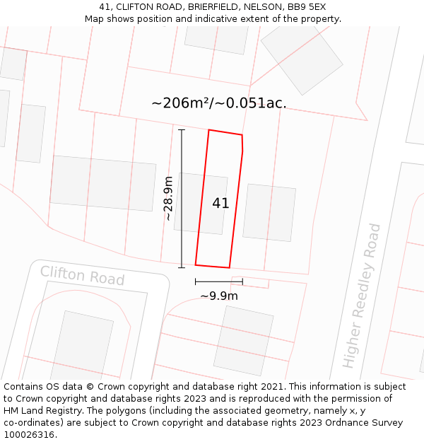 41, CLIFTON ROAD, BRIERFIELD, NELSON, BB9 5EX: Plot and title map