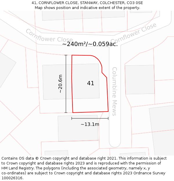 41, CORNFLOWER CLOSE, STANWAY, COLCHESTER, CO3 0SE: Plot and title map