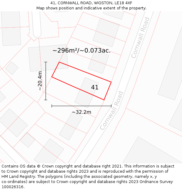 41, CORNWALL ROAD, WIGSTON, LE18 4XF: Plot and title map