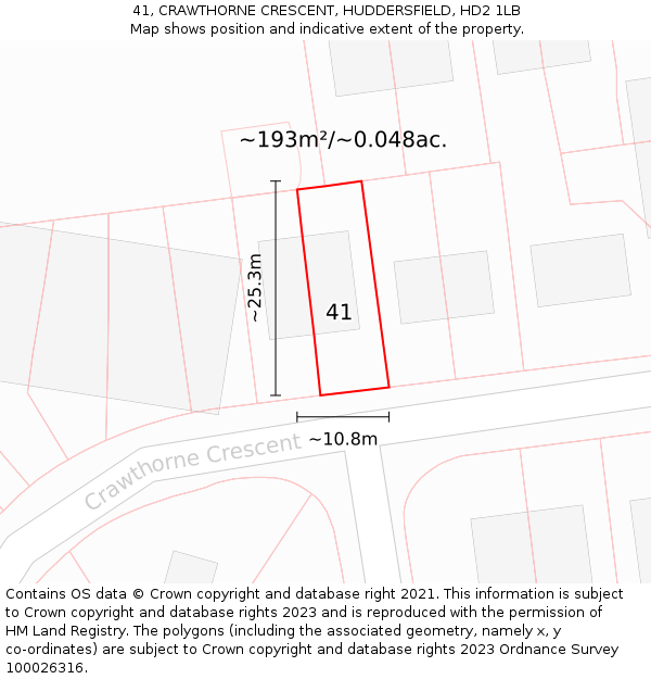 41, CRAWTHORNE CRESCENT, HUDDERSFIELD, HD2 1LB: Plot and title map