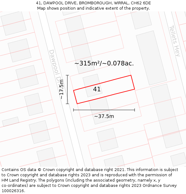 41, DAWPOOL DRIVE, BROMBOROUGH, WIRRAL, CH62 6DE: Plot and title map