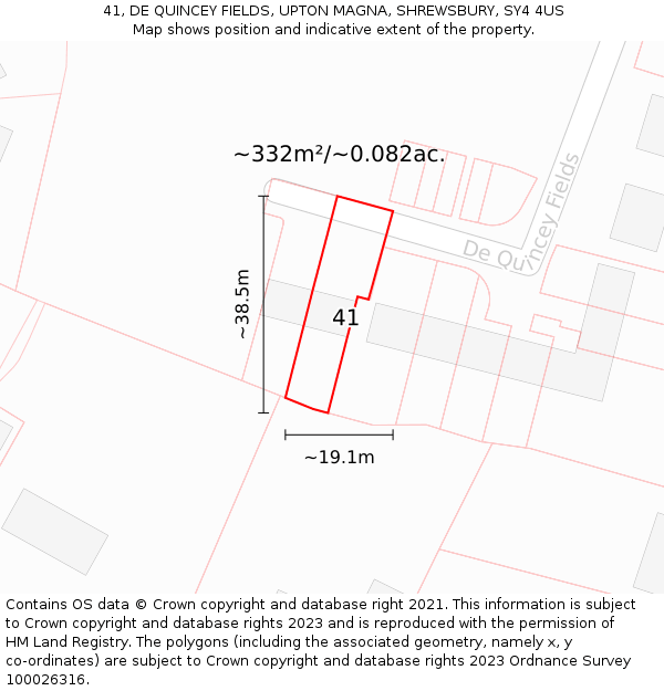 41, DE QUINCEY FIELDS, UPTON MAGNA, SHREWSBURY, SY4 4US: Plot and title map