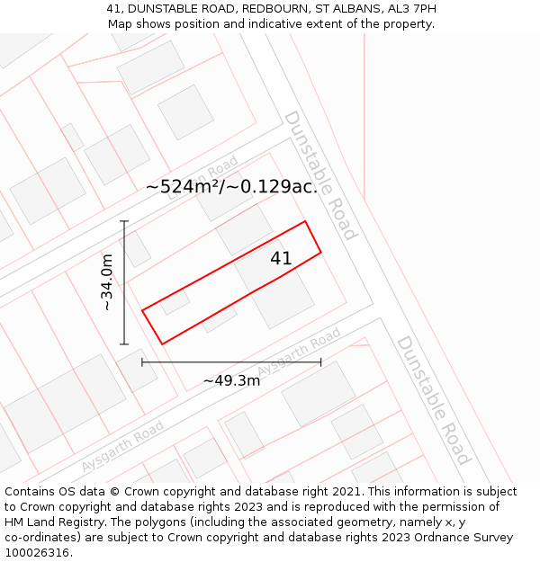 41, DUNSTABLE ROAD, REDBOURN, ST ALBANS, AL3 7PH: Plot and title map
