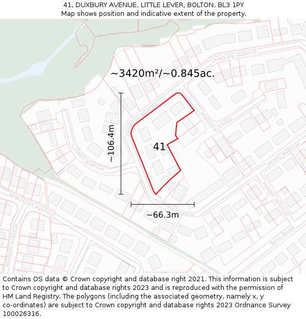 41, DUXBURY AVENUE, LITTLE LEVER, BOLTON, BL3 1PY: Plot and title map