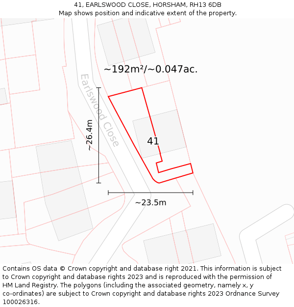 41, EARLSWOOD CLOSE, HORSHAM, RH13 6DB: Plot and title map