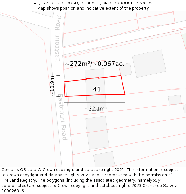 41, EASTCOURT ROAD, BURBAGE, MARLBOROUGH, SN8 3AJ: Plot and title map