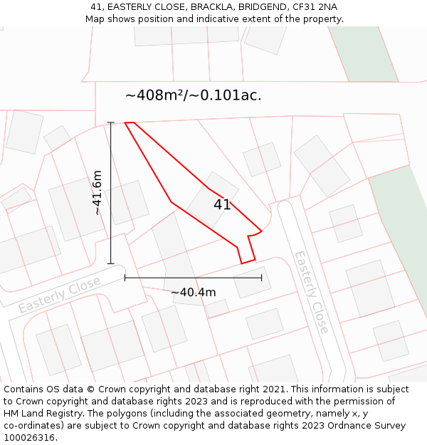 41, EASTERLY CLOSE, BRACKLA, BRIDGEND, CF31 2NA: Plot and title map