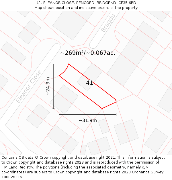 41, ELEANOR CLOSE, PENCOED, BRIDGEND, CF35 6RD: Plot and title map