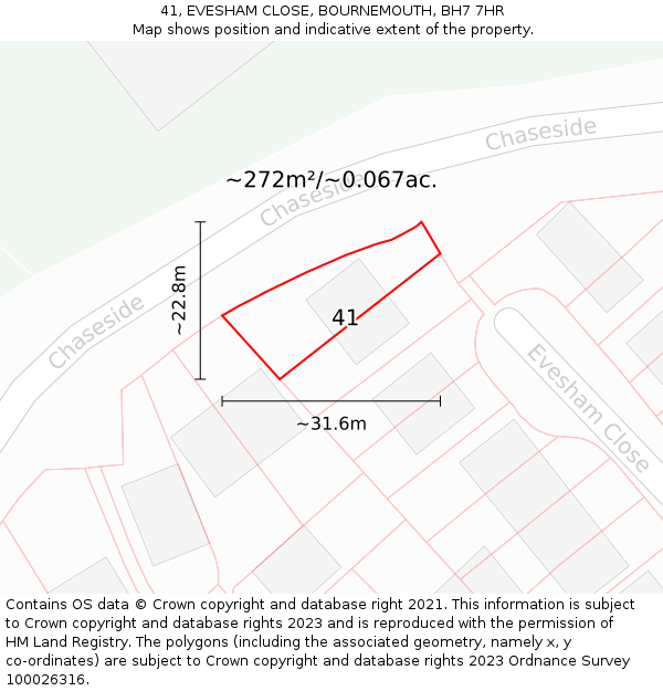 41, EVESHAM CLOSE, BOURNEMOUTH, BH7 7HR: Plot and title map