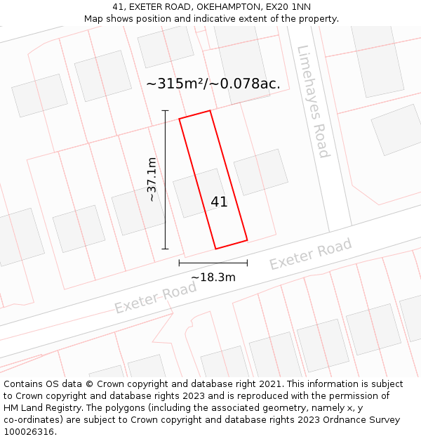 41, EXETER ROAD, OKEHAMPTON, EX20 1NN: Plot and title map