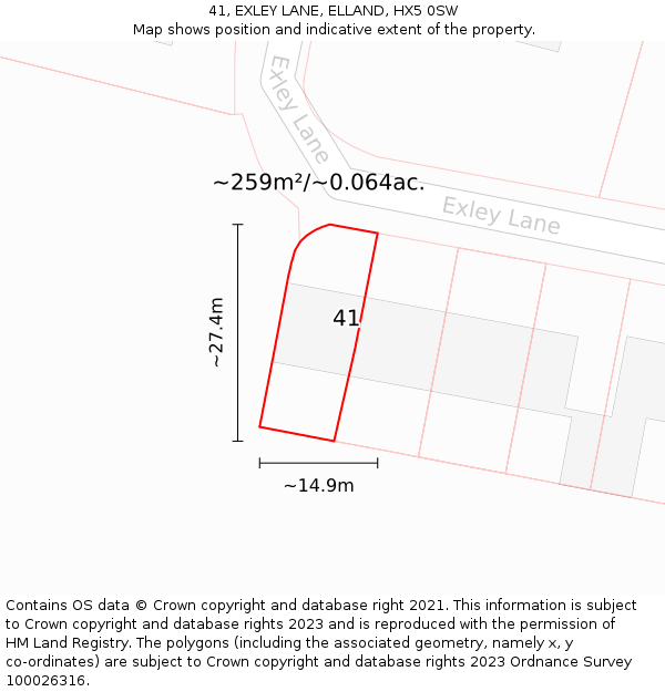 41, EXLEY LANE, ELLAND, HX5 0SW: Plot and title map